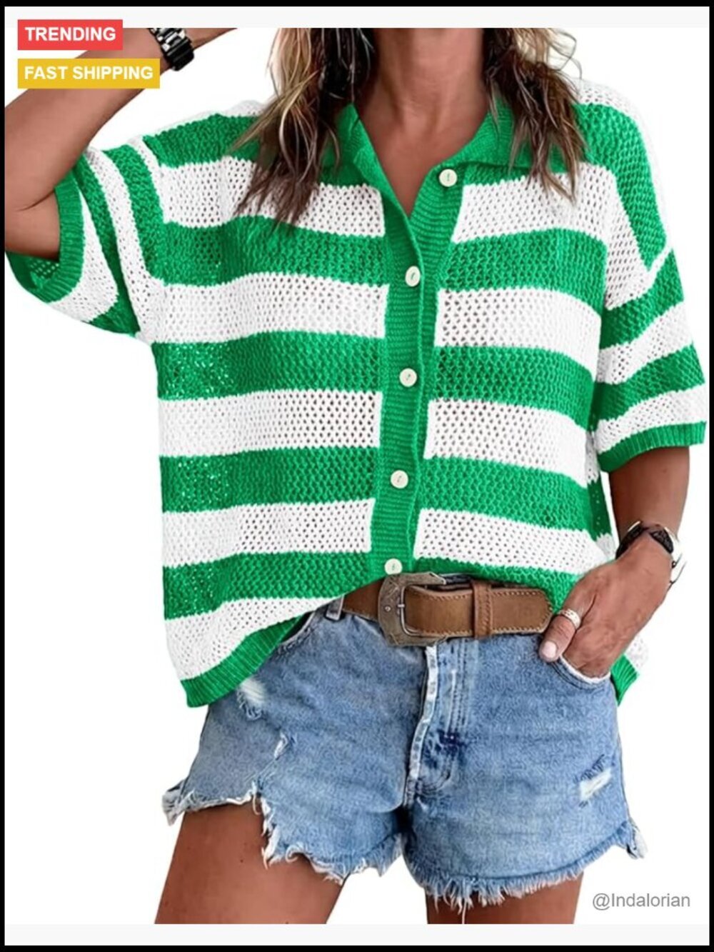 Crochet Cardigan Sweater Button Front Half Sleeve Loose Fit Lightweight Summer